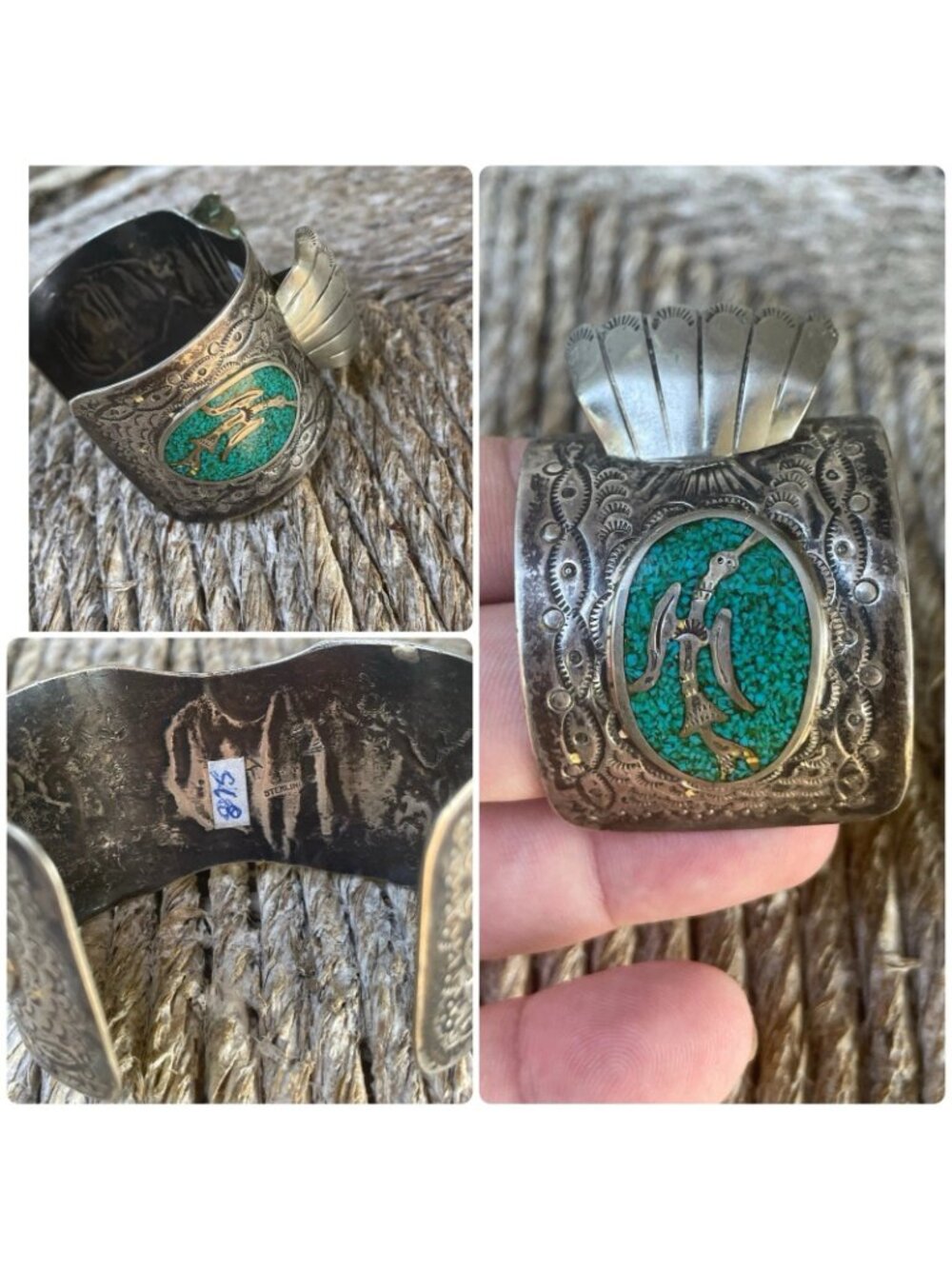 Native American Watch Cuff Bracelet Peyote Bird Inlay Turquoise Sterling Silver - Picture 7 of 7